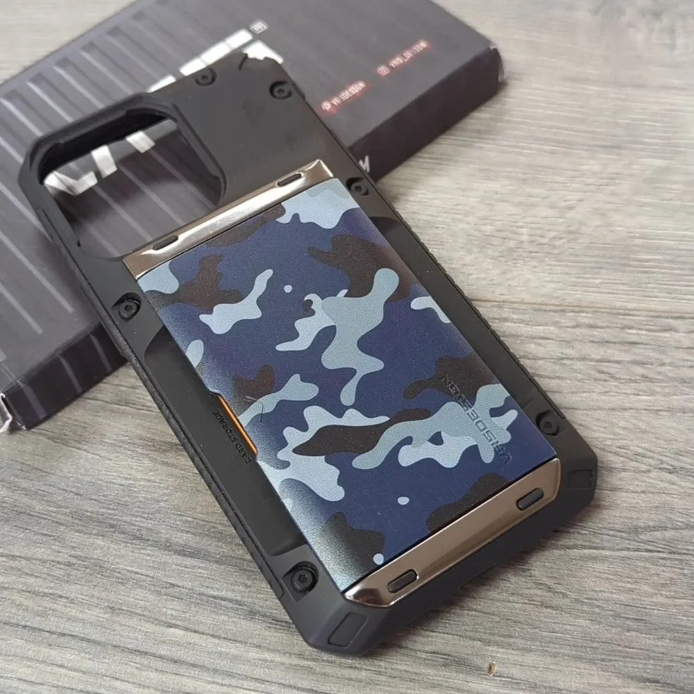 iPhone 13 Pro Max Cardholder Phone Case with Blue Camo Sliding Cover